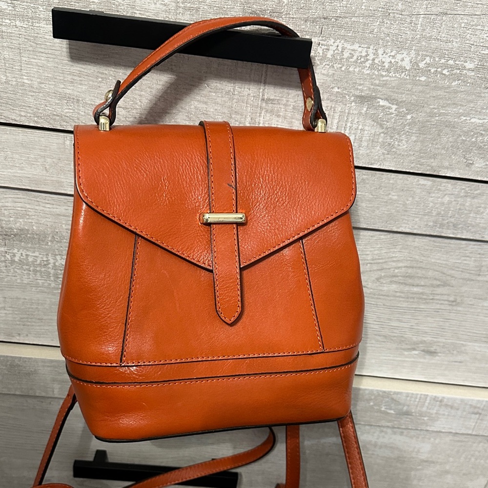 Women’s Orange Leather Backpack - Classic Top-Handle Daypack